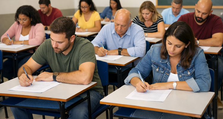 Imagem e pessoas sentadas em bancas escolares fazendo prova
