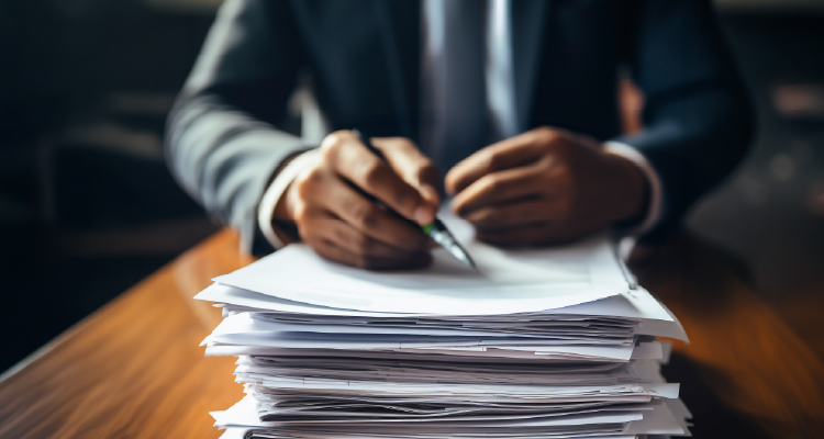 Imagem de pessoa investigando pilha de papéis